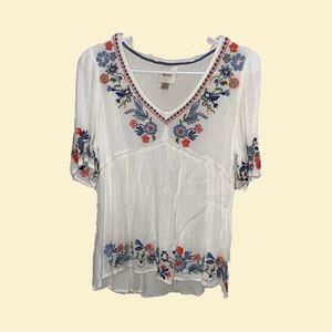 Shirt, embroidered, floral, white, V-neck